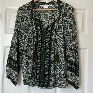 Veronica Beard Aeris Top Green Cream Floral Paisley Tassel Peasant SZ XL